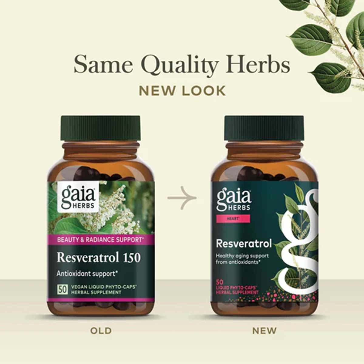 Two Gaia Herbs Resveratrol supplement bottles showing old and new label designs side by side.