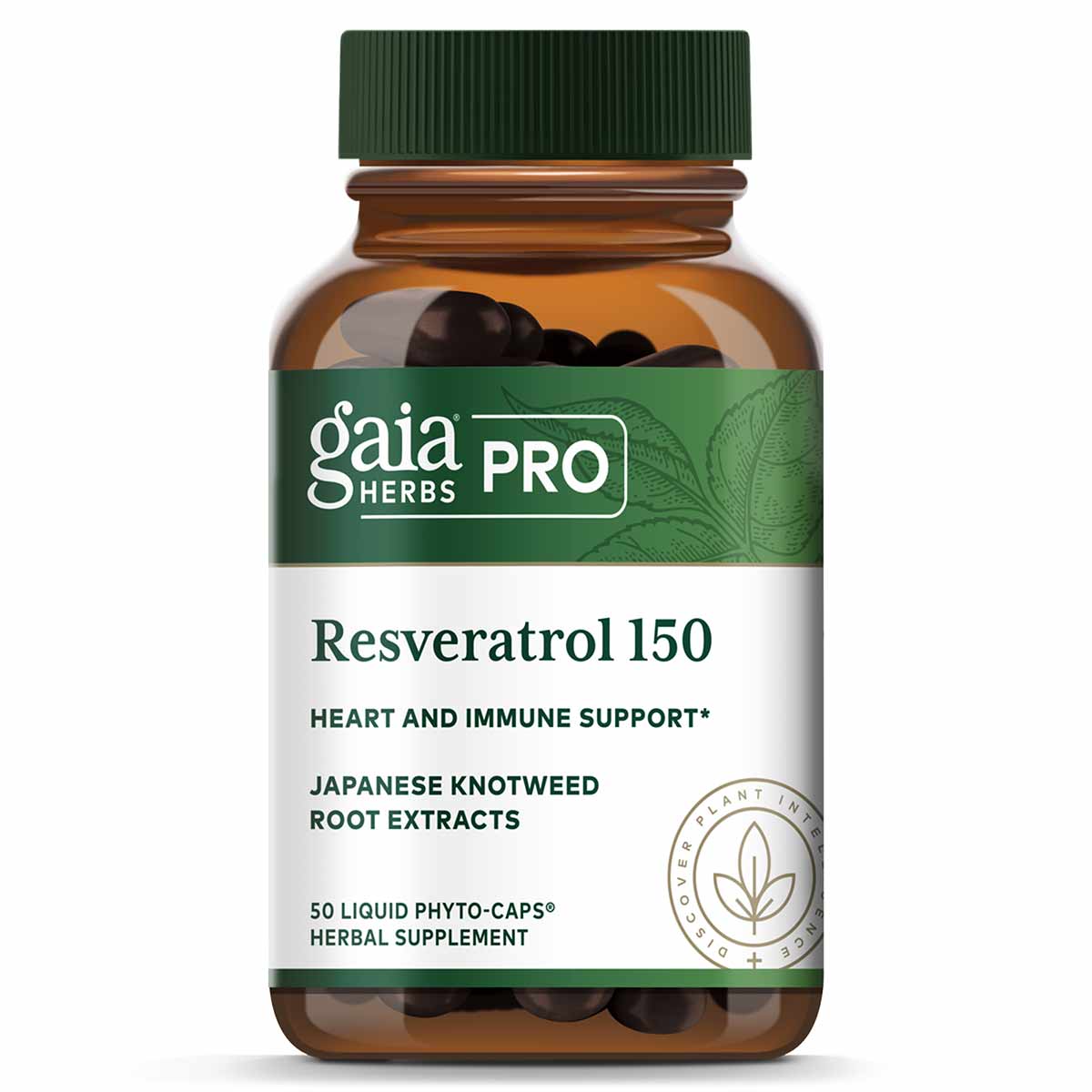 Gaia Herbs Pro Resveratrol 150 bottle with green cap containing 50 dark liquid phyto-caps.