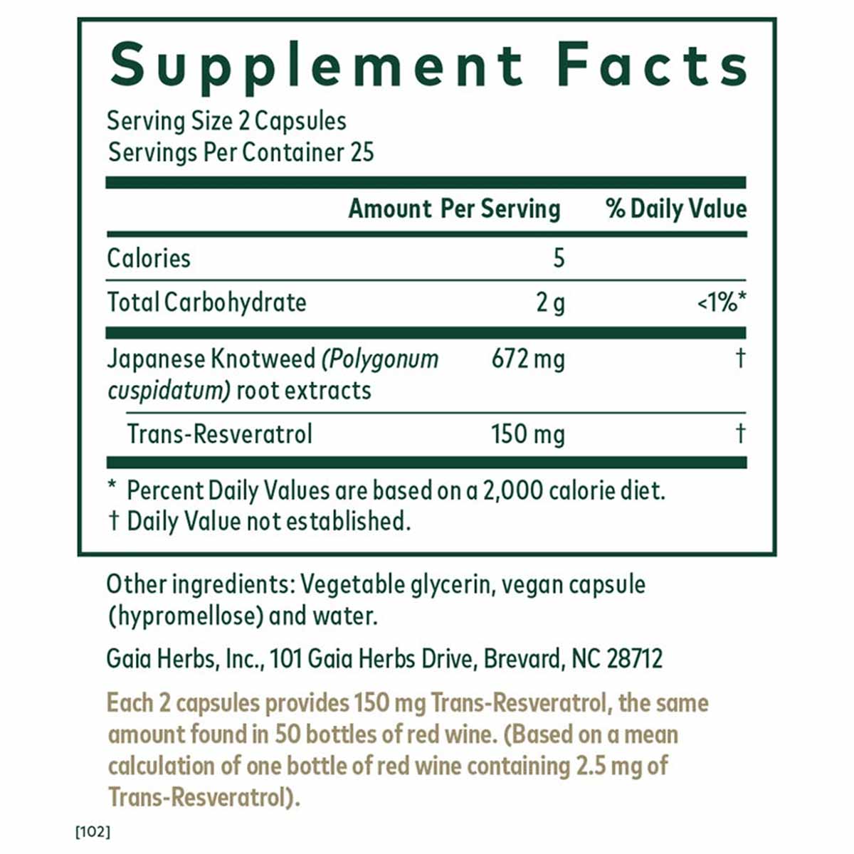 Supplement Facts label for Resveratrol 150 capsules showing serving size, nutritional information, and Japanese Knotweed extr