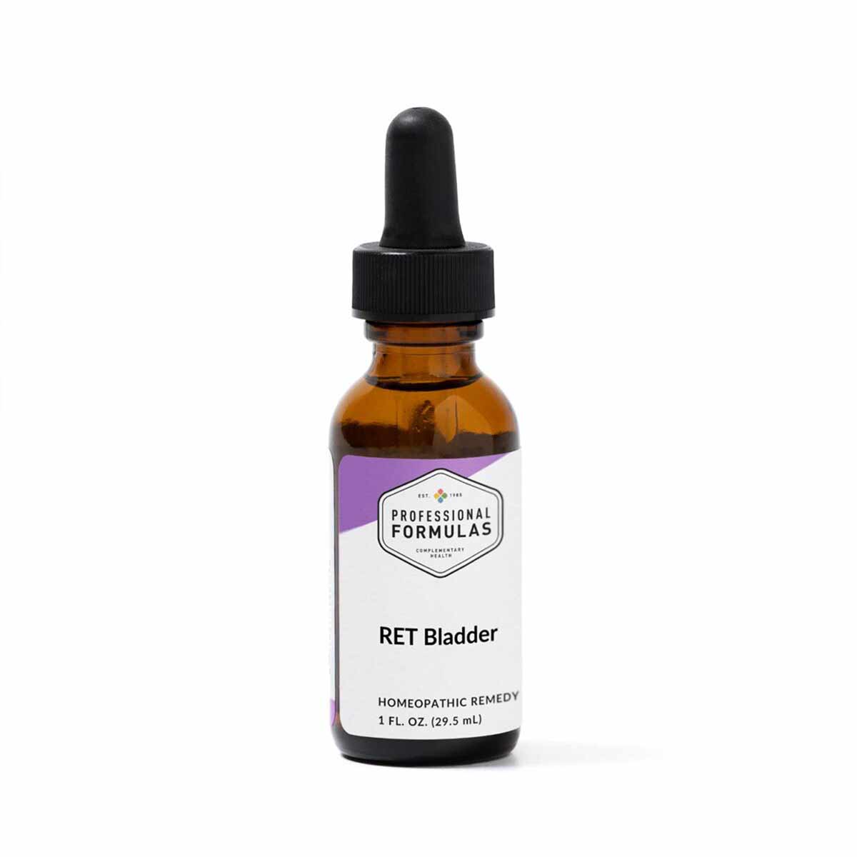Brown glass dropper bottle with black cap labeled "RET Bladder" by Professional Formulas, 1 fl oz homeopathic remedy.