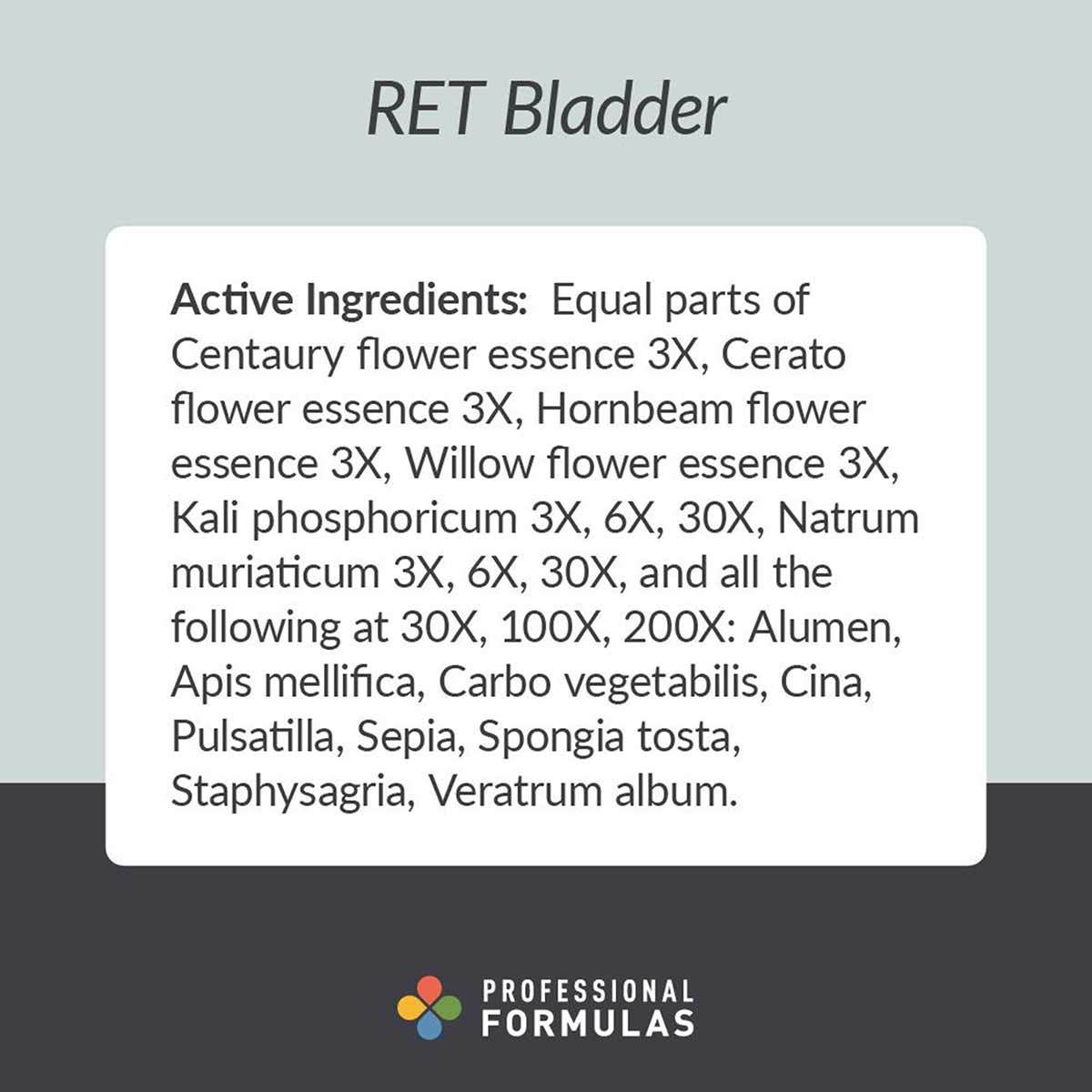 RET Bladder supplement label displaying active ingredients list and Professional Formulas brand logo.