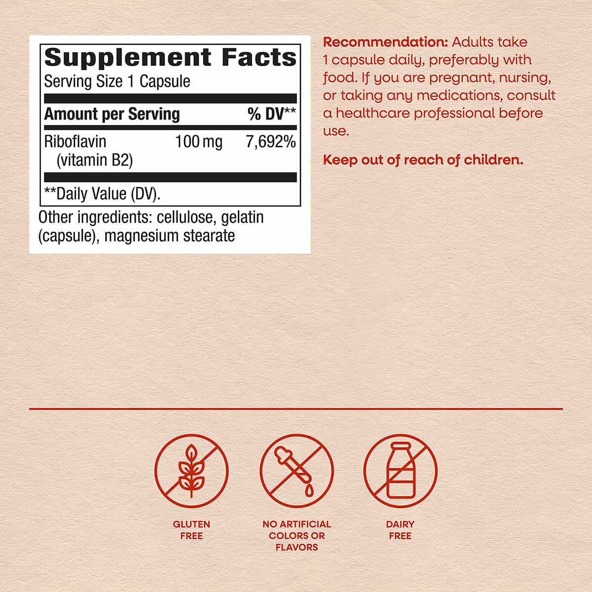 Supplement Facts label for Riboflavin Vitamin B2 100 mg capsules with usage instructions and gluten-free, no artificial color