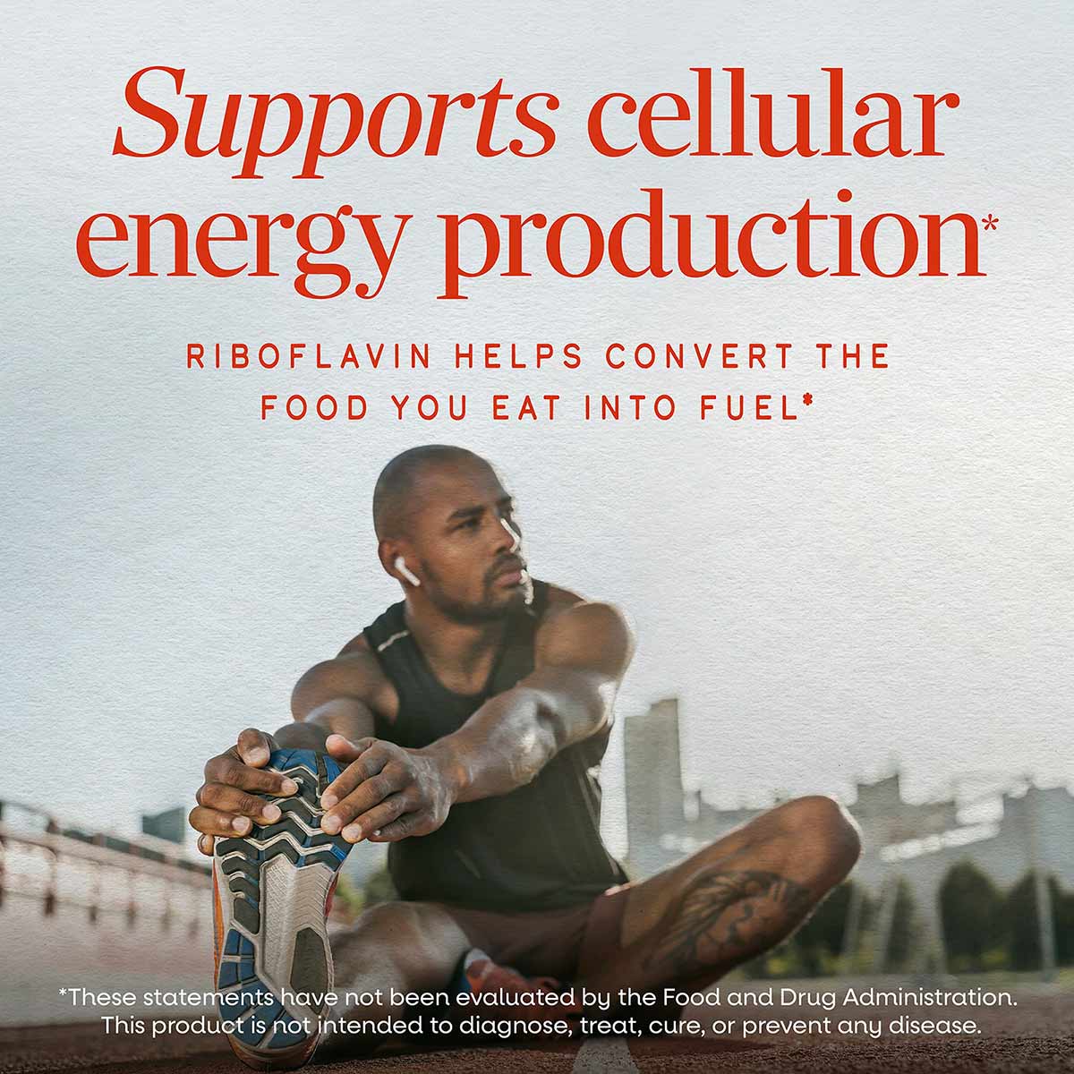 Natures Way Riboflavin Vitamin B2 100 Mg supplement packaging with text about cellular energy production and image of athlete
