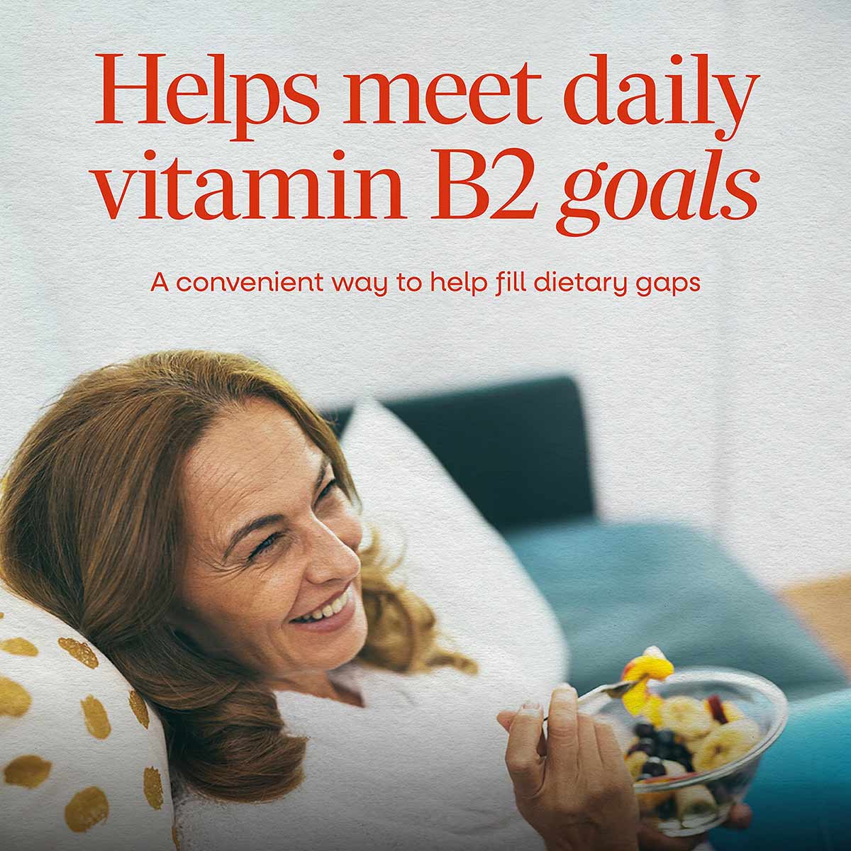 Natures Way Riboflavin Vitamin B2 100 mg supplement package with product description text and woman holding bowl.