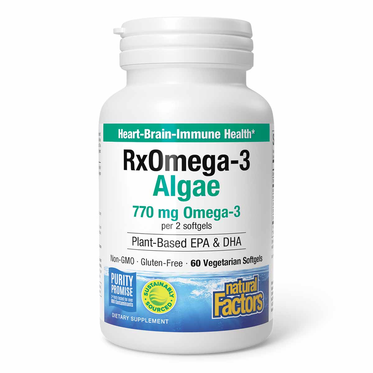 White bottle of RxOmega-3 Algae supplement with teal and blue label, 60 vegetarian softgels.