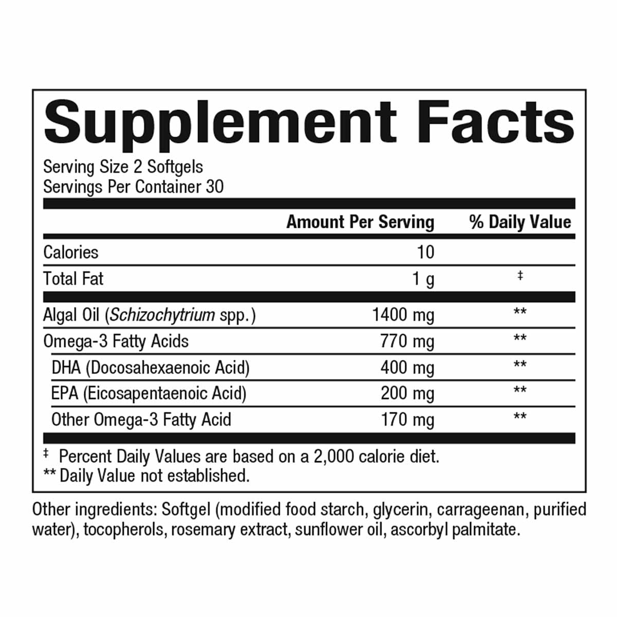 Supplement Facts label for RxOmega-3 Algae showing serving size, nutritional information, and ingredient details.