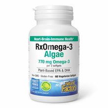 White bottle of RxOmega-3 Algae supplement with teal and blue label, containing 60 vegetarian softgels.