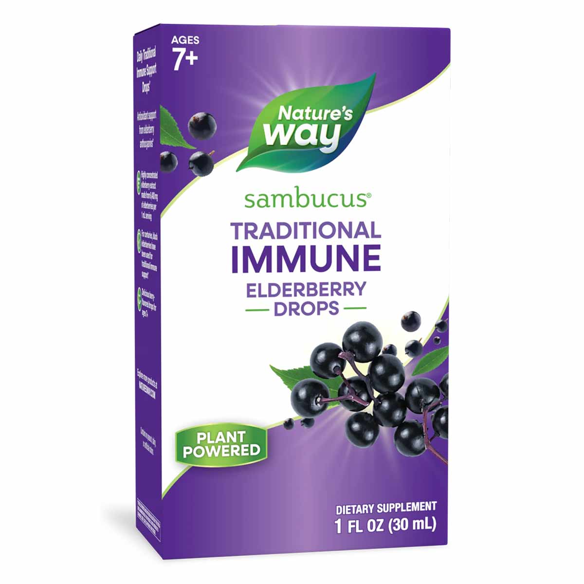 Nature's Way Sambucus Traditional Immune Elderberry Drops bottle, 1 fl oz, purple packaging with elderberry imagery.