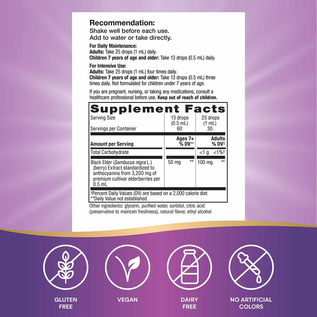Supplement Facts label for Sambucus Elderberry Drops showing dosage recommendations, ingredients, and dietary certifications 