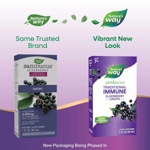 Sambucus Elderberry Drops packaging comparison showing previous white label and new purple label designs side-by-side.