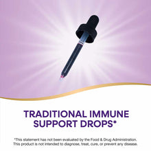 Bottle of dark liquid elderberry drops with black rubber dropper top against purple background.