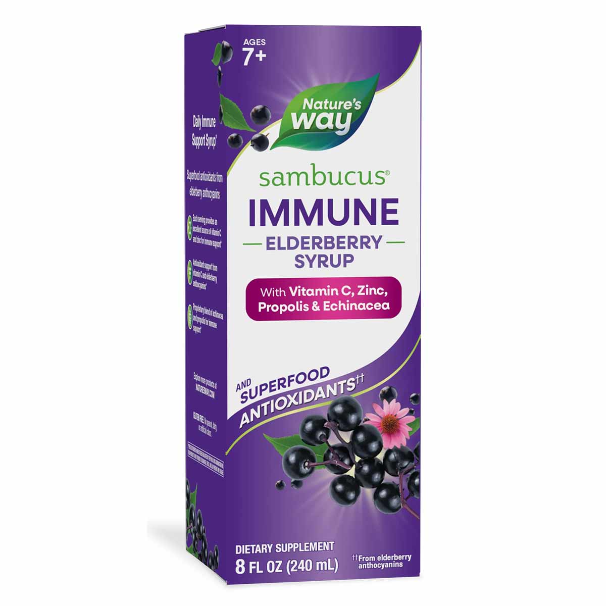 Purple cardboard box of Nature's Way Sambucus Immune Elderberry Syrup with elderberry and flower imagery, 8 fl oz.