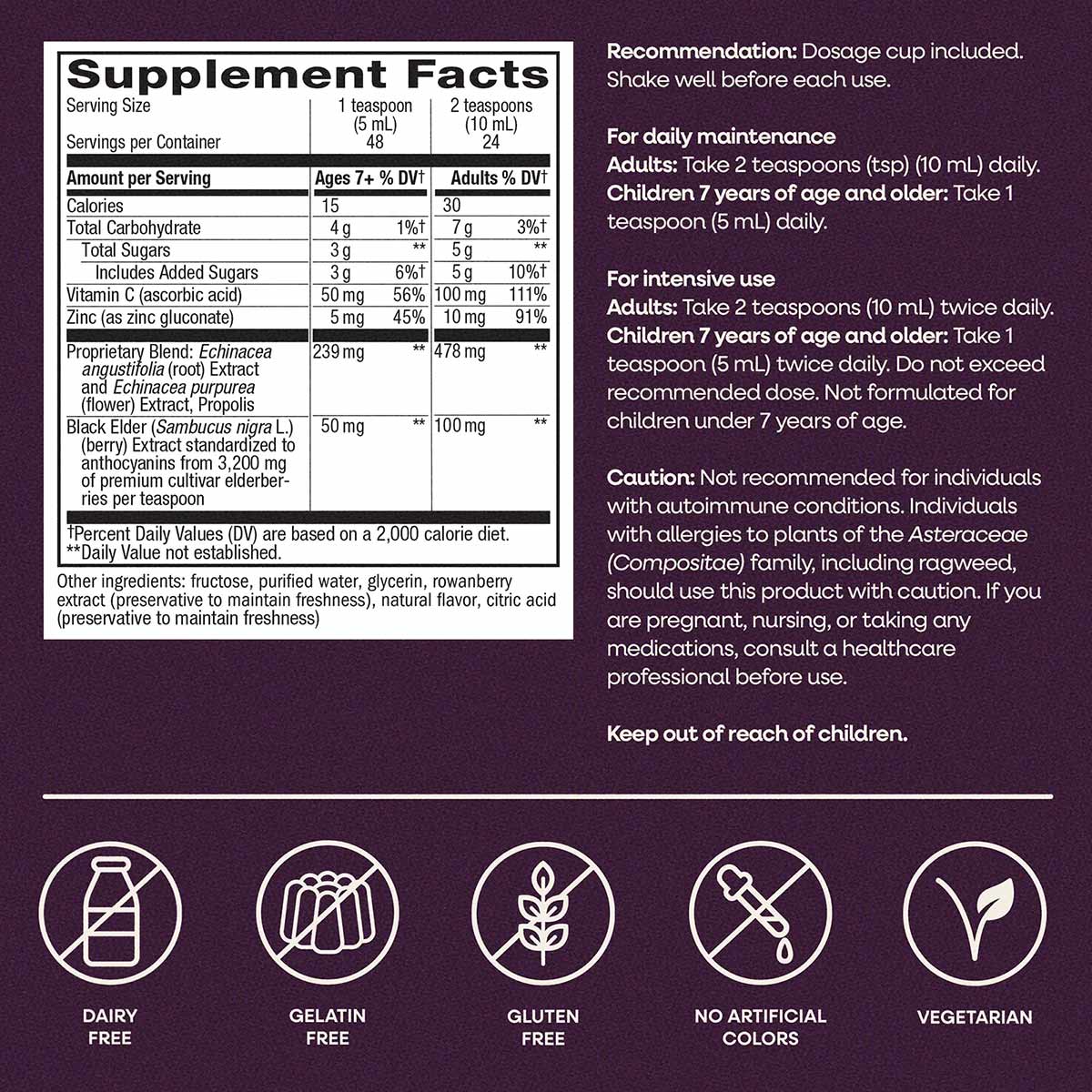Supplement Facts label for elderberry syrup showing serving sizes, nutritional information, ingredients including black elder