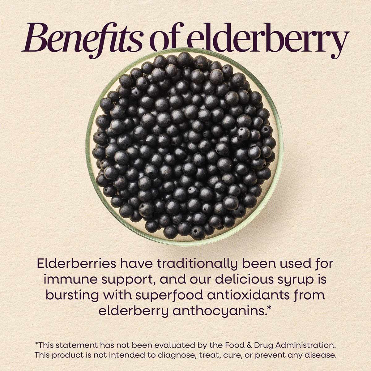 Dark purple elderberries clustered in a round green bowl on a beige background with text above and below.