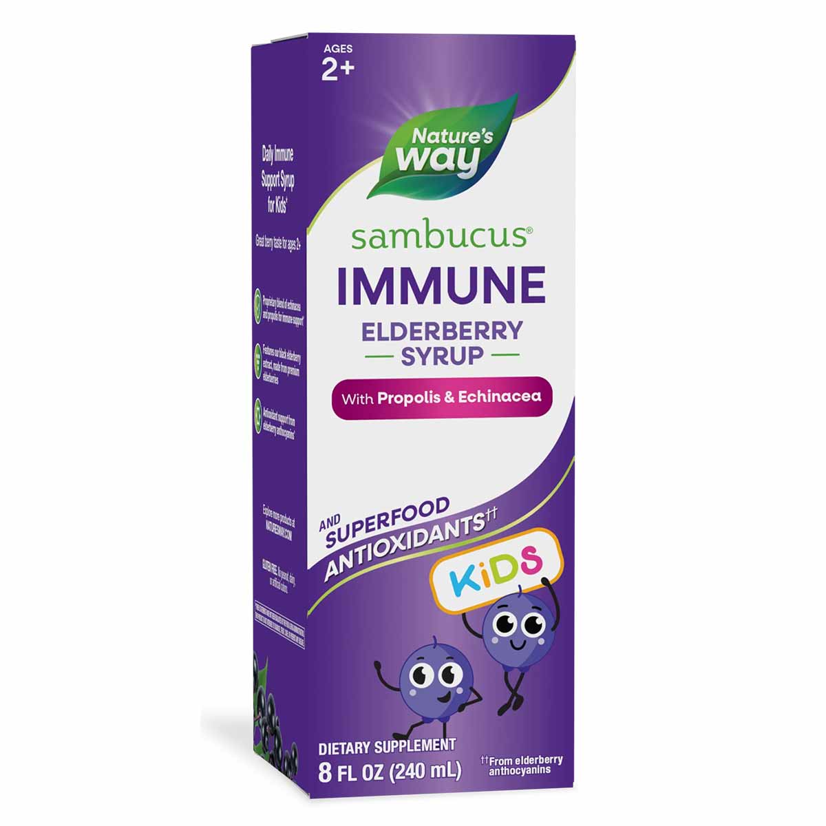 Purple box of Nature's Way Sambucus Immune Elderberry Syrup for Kids ages 2+, 8 fl oz bottle with propolis and echinacea.