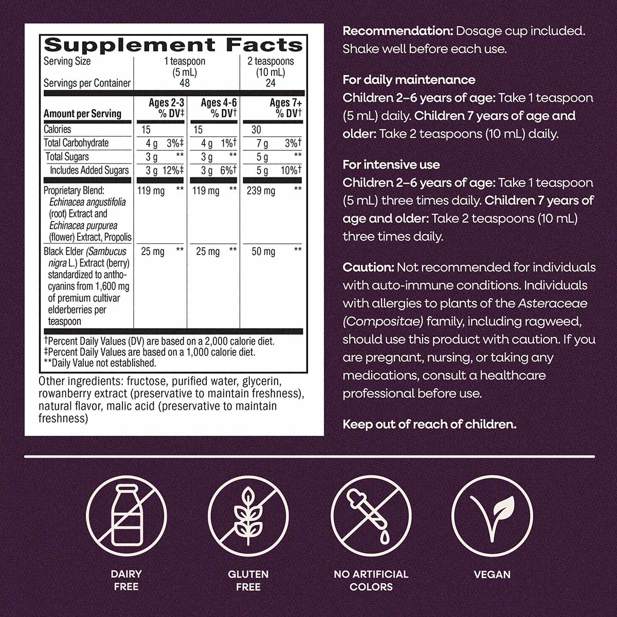 Supplement Facts label and dosage instructions for elderberry syrup with icons indicating dairy-free, gluten-free, no artific