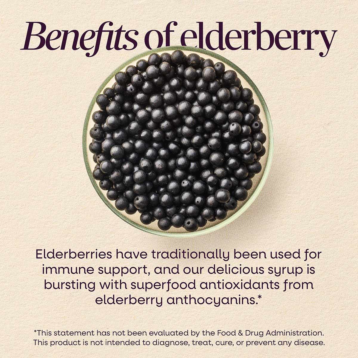 Dark elderberries arranged in a circular bowl with text about elderberry benefits and product information below.
