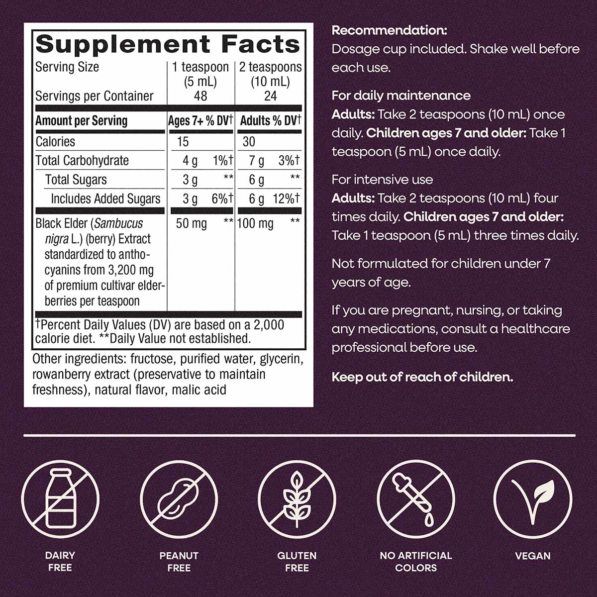 Supplement Facts label for Sambucus Elderberry Original Syrup showing serving sizes, nutrition information, and usage recomme