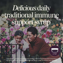 Bottle of dark purple Sambucus elderberry syrup with serving size indicator showing 2 tablespoons.