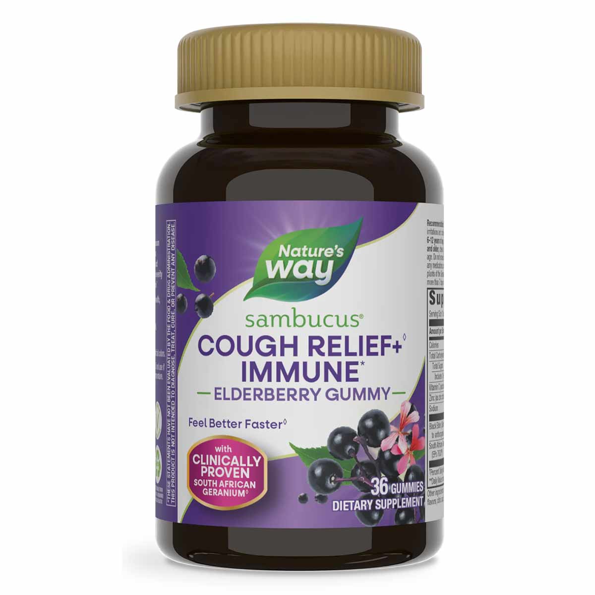 Bottle of Nature's Way Sambucus Cough Relief and Immune Elderberry Gummies with gold cap and purple label showing elderberrie