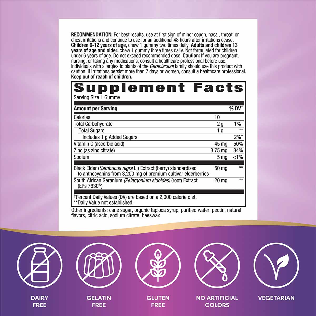 Bottle label for Sambucus Relief Gummies showing supplement facts, usage recommendations, and icons indicating dairy-free, ge