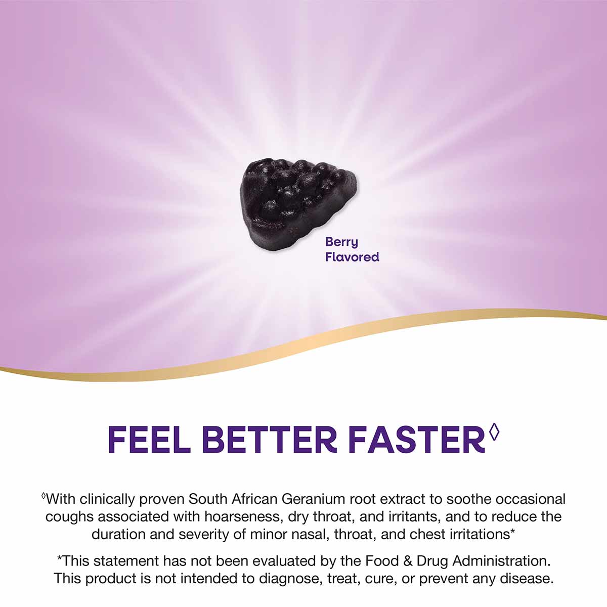 Dark purple berry-shaped gummy with textured surface labeled "Berry Flavored" on pink and white background.