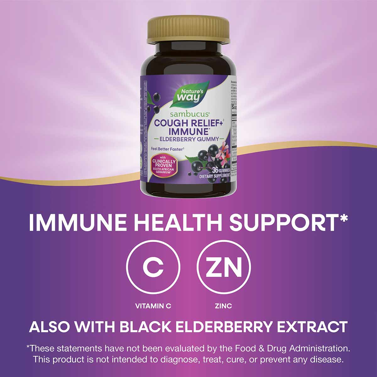 Dark glass bottle of Nature's Way Sambucus Cough Relief + Immune elderberry gummies with gold cap on purple background.