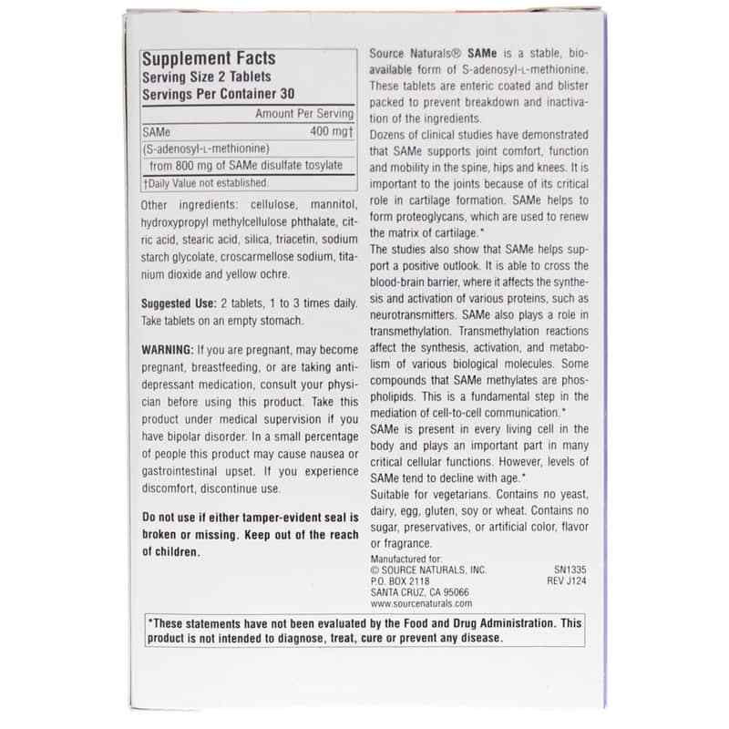 SAMe 200 Mg, 60 Enteric Coated Tablets, by Source Naturals, image #2