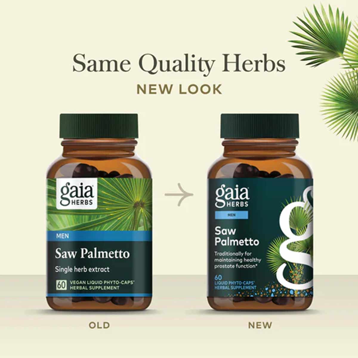 Two brown Gaia Herbs Saw Palmetto supplement bottles with green caps showing old and new label designs side by side.