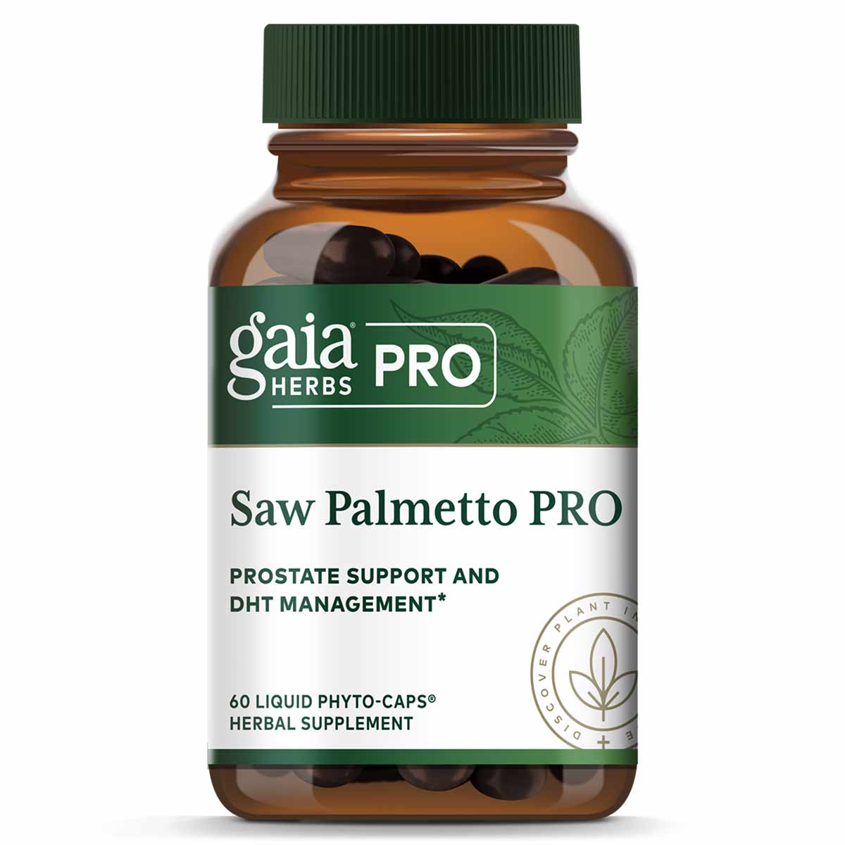 Gaia Herbs Pro Saw Palmetto PRO bottle with green cap containing 60 dark liquid phyto-capsules.