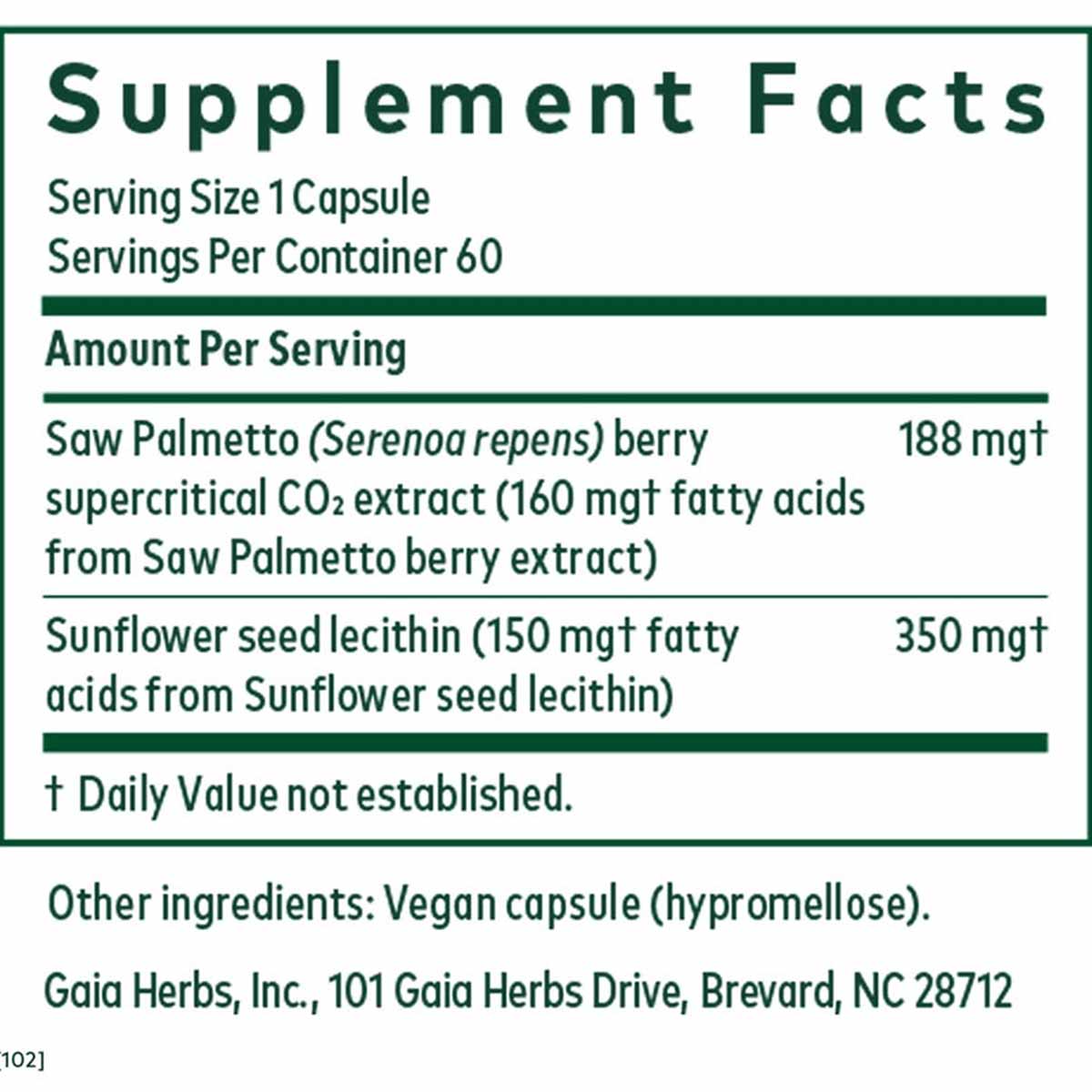 Supplement Facts label showing Saw Palmetto berry extract and Sunflower seed lecithin in vegan capsules, 60 servings per cont