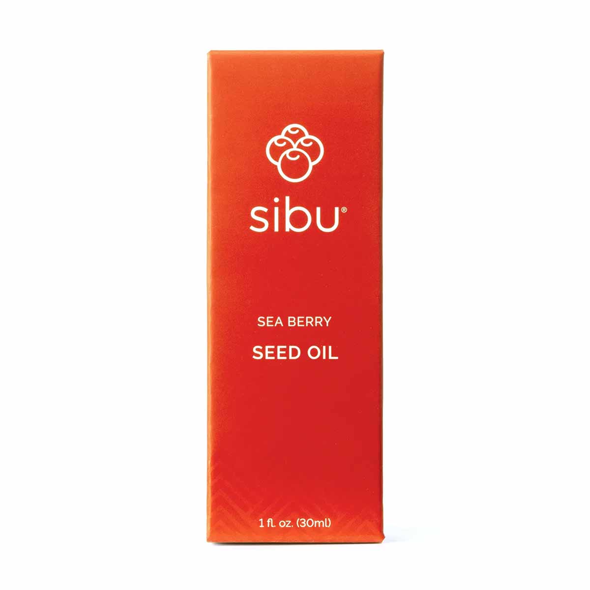 Red rectangular box for Sibu Sea Berry Seed Oil, 1 fl oz, with white logo and text on front.