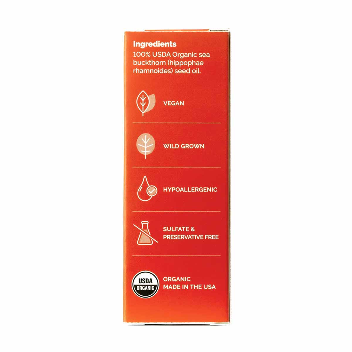 Red box packaging for Sibu Beauty Sea Berry Seed Oil displaying ingredients and certifications including vegan, wild grown, h