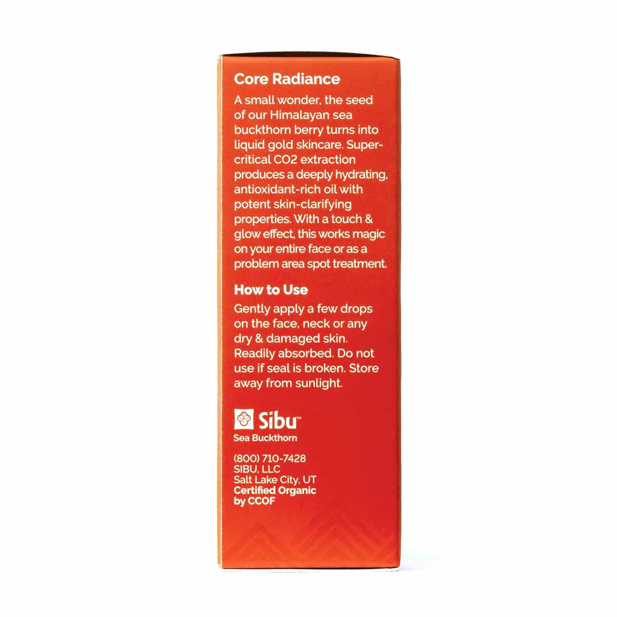 Red rectangular Sibu Beauty Sea Berry Seed Oil bottle with white text and black cap.