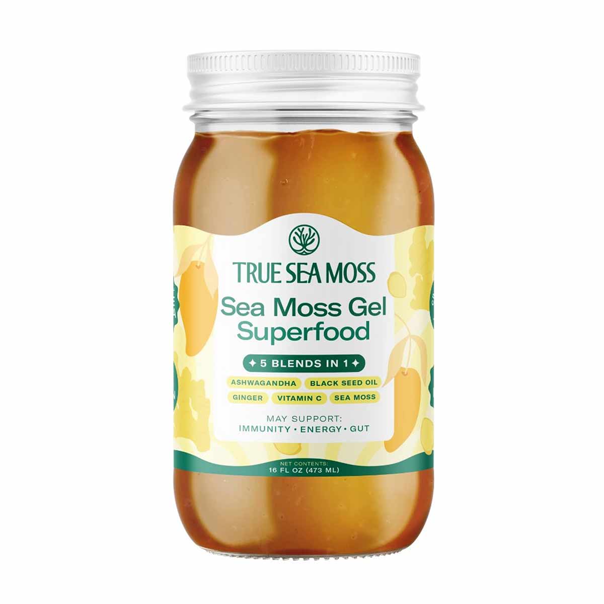 Clear glass jar filled with golden-brown sea moss gel, white screw-top lid, True Sea Moss brand label with ginger illustratio