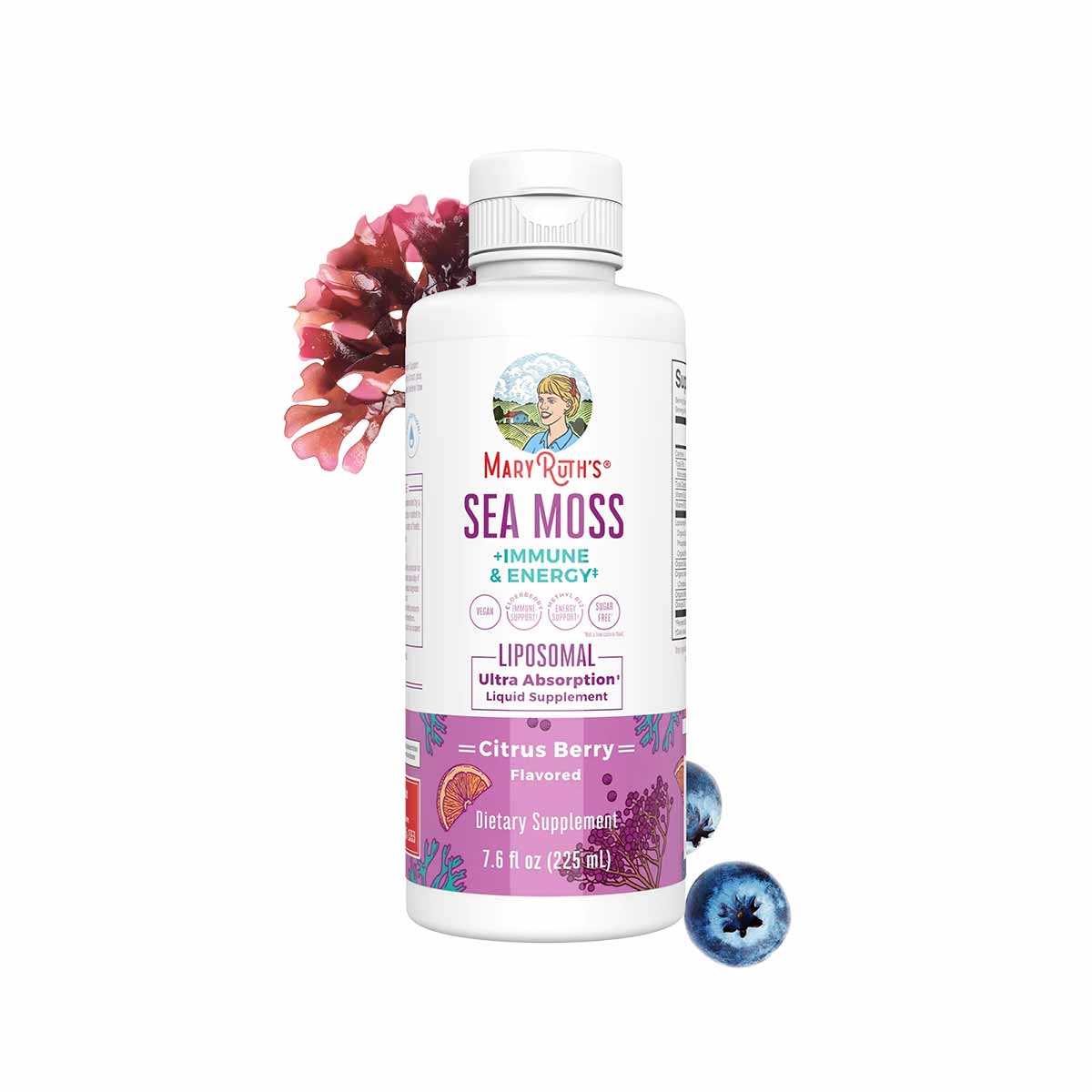 White plastic bottle labeled "MaryRuth's Sea Moss +Immune & Energy Liposomal" in citrus berry flavor, 7.6 fl oz, with dried s