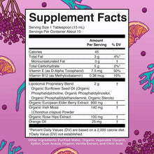Supplement Facts label for Sea Moss + Immune & Energy Liposomal supplement showing serving size, nutritional information, and