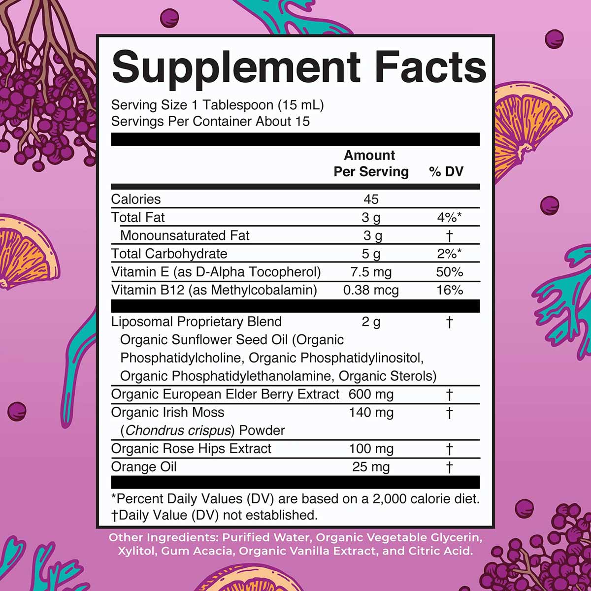 Supplement Facts label for Sea Moss + Immune & Energy Liposomal supplement showing serving size, nutritional information, and