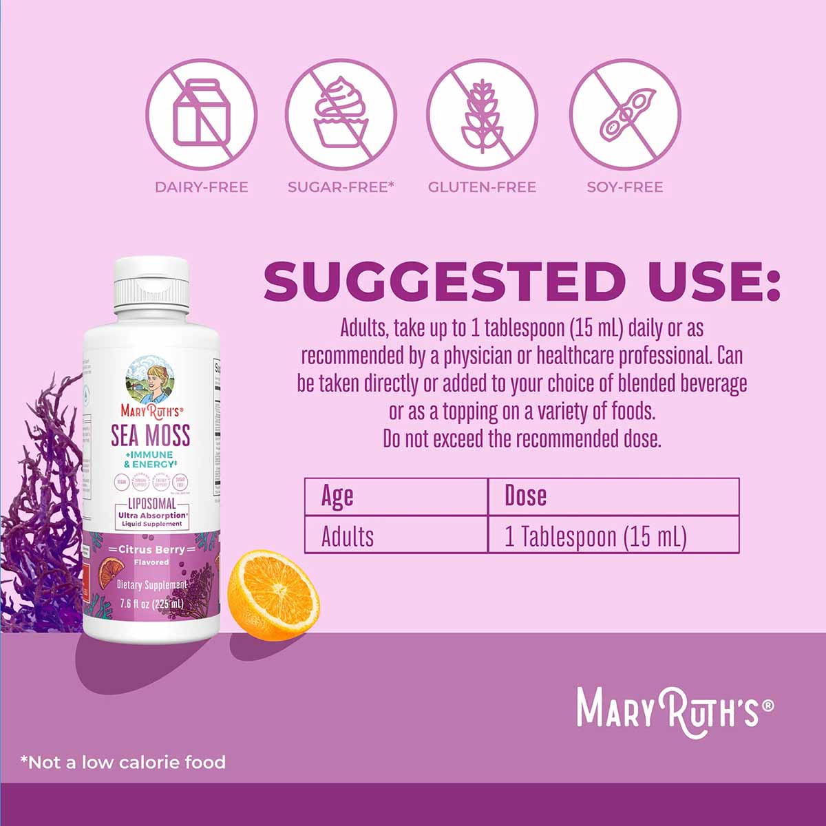 MaryRuth's Sea Moss Immune & Energy liposomal supplement bottle with citrus berry flavor, dosage instructions, and allergen i