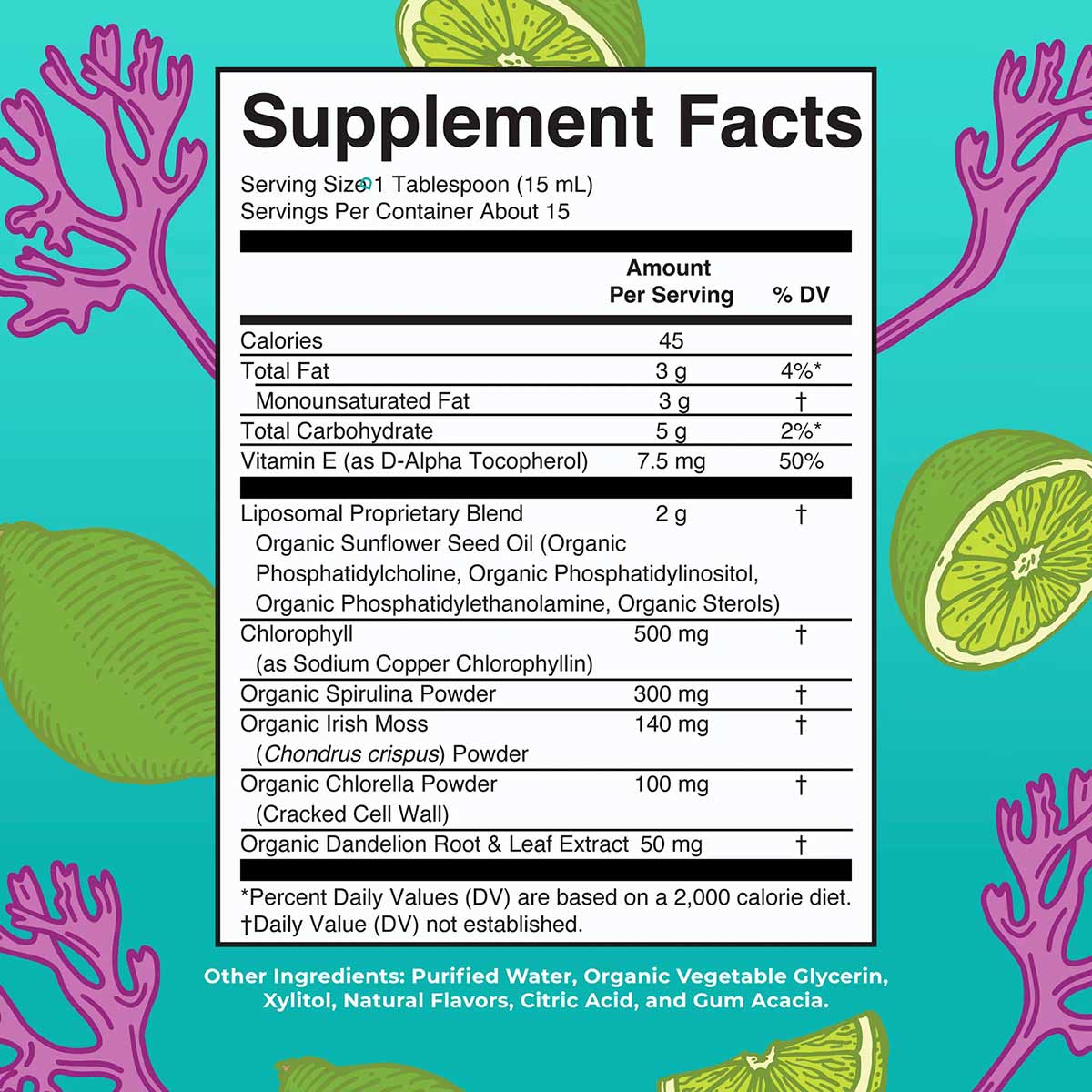 Supplement facts label with lime slices and coral illustrations on turquoise background.