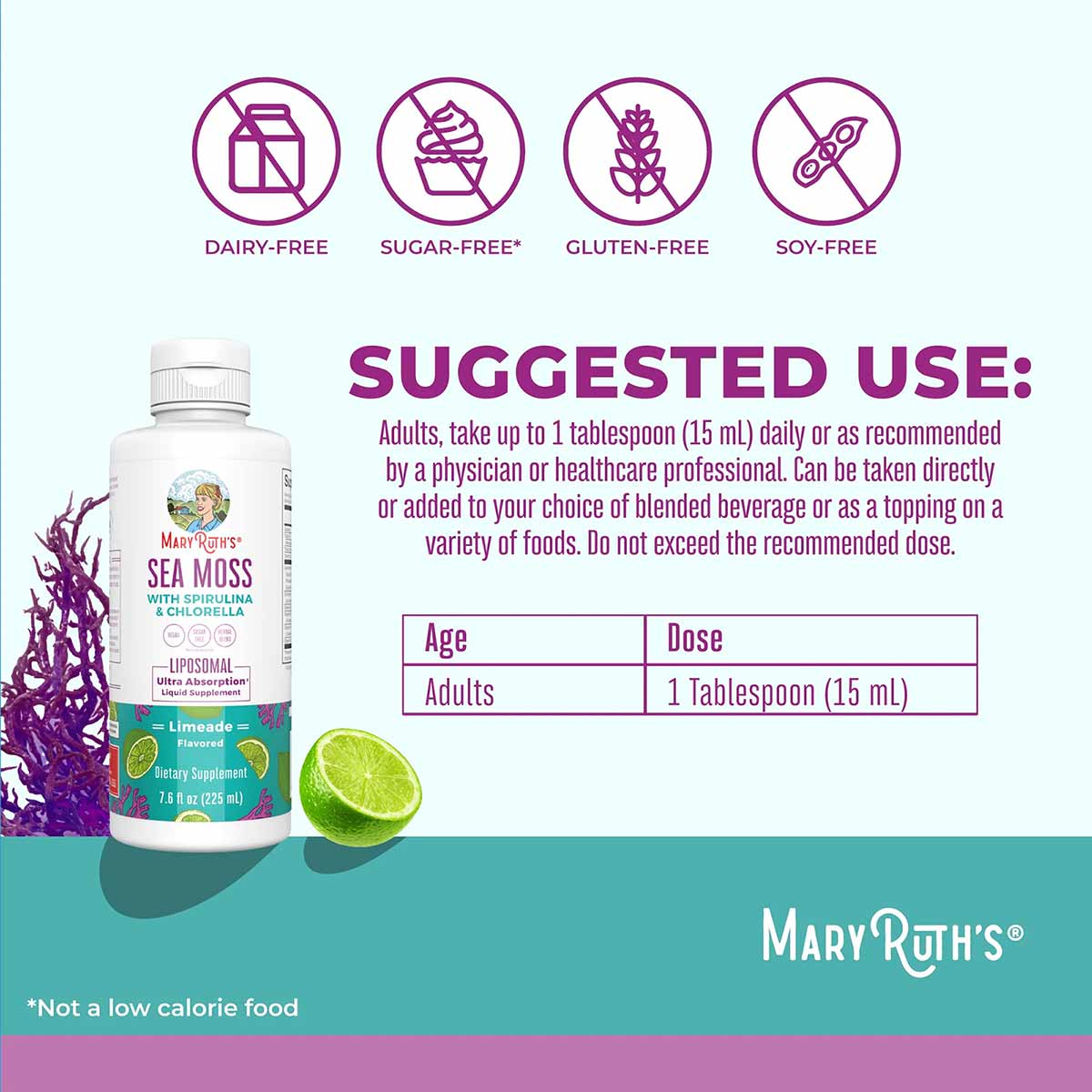 White bottle of MaryRuth's sea moss with spirulina and chlorella liquid supplement next to fresh lime and purple sea moss.