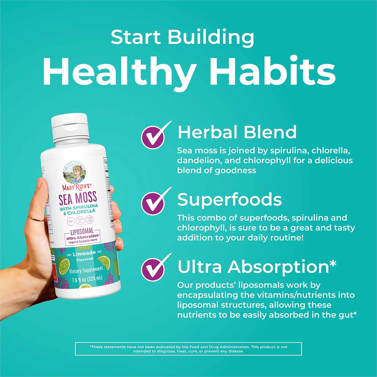 White bottle of MaryRuth's Sea Moss with Spirulina and Chlorella liquid supplement in Limesade flavor, held in hand against t