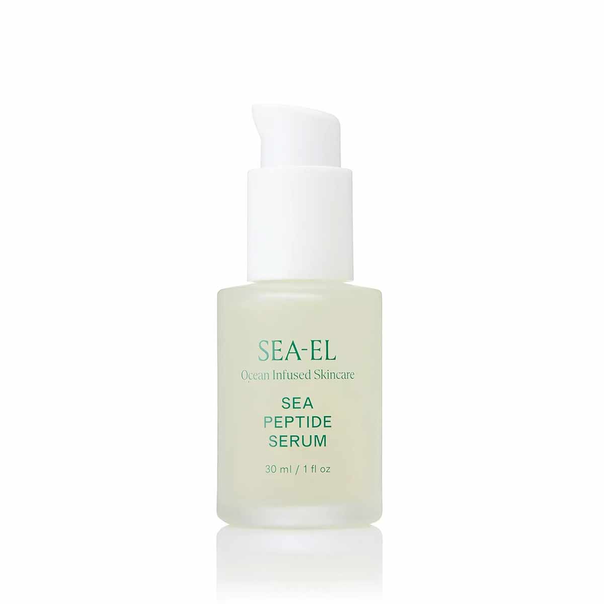 A frosted pale green glass bottle with a white pump dispenser and green Sea-El Sea Peptide Serum label text.