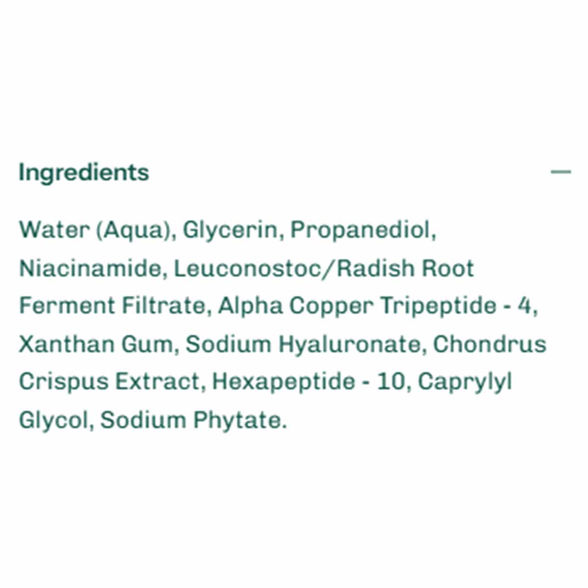 Green text on a white background lists the serum's ingredients, beginning with water, glycerin, propanediol, and niacinamide, and ending with sodium phytate.