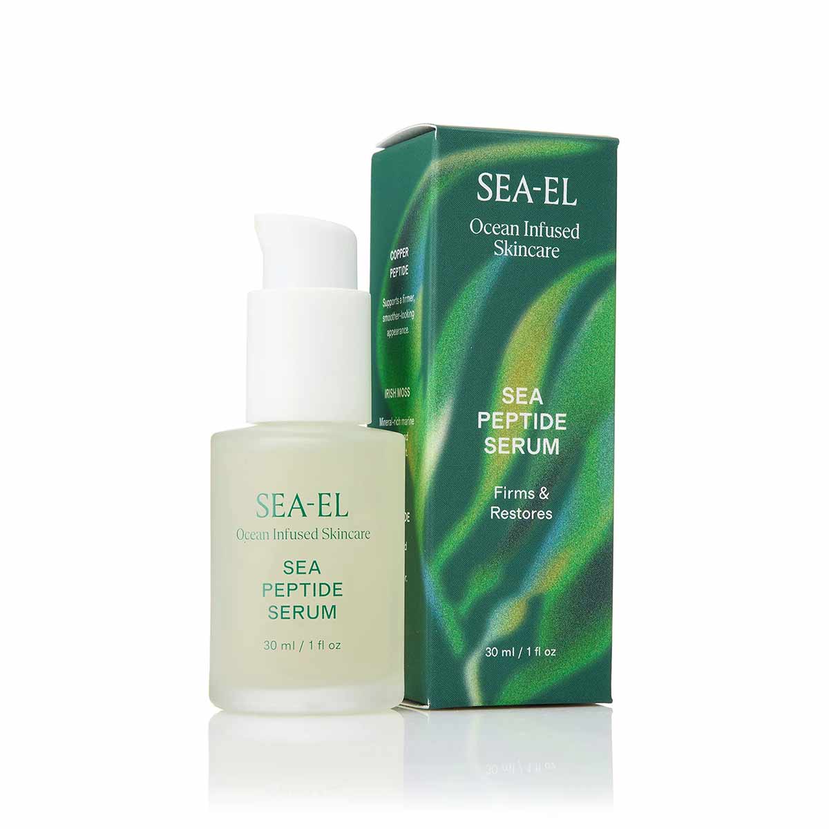 A frosted pale green pump bottle with a white dispenser stands beside a green seaweed-patterned box labeled Sea-El Sea Peptide Serum.