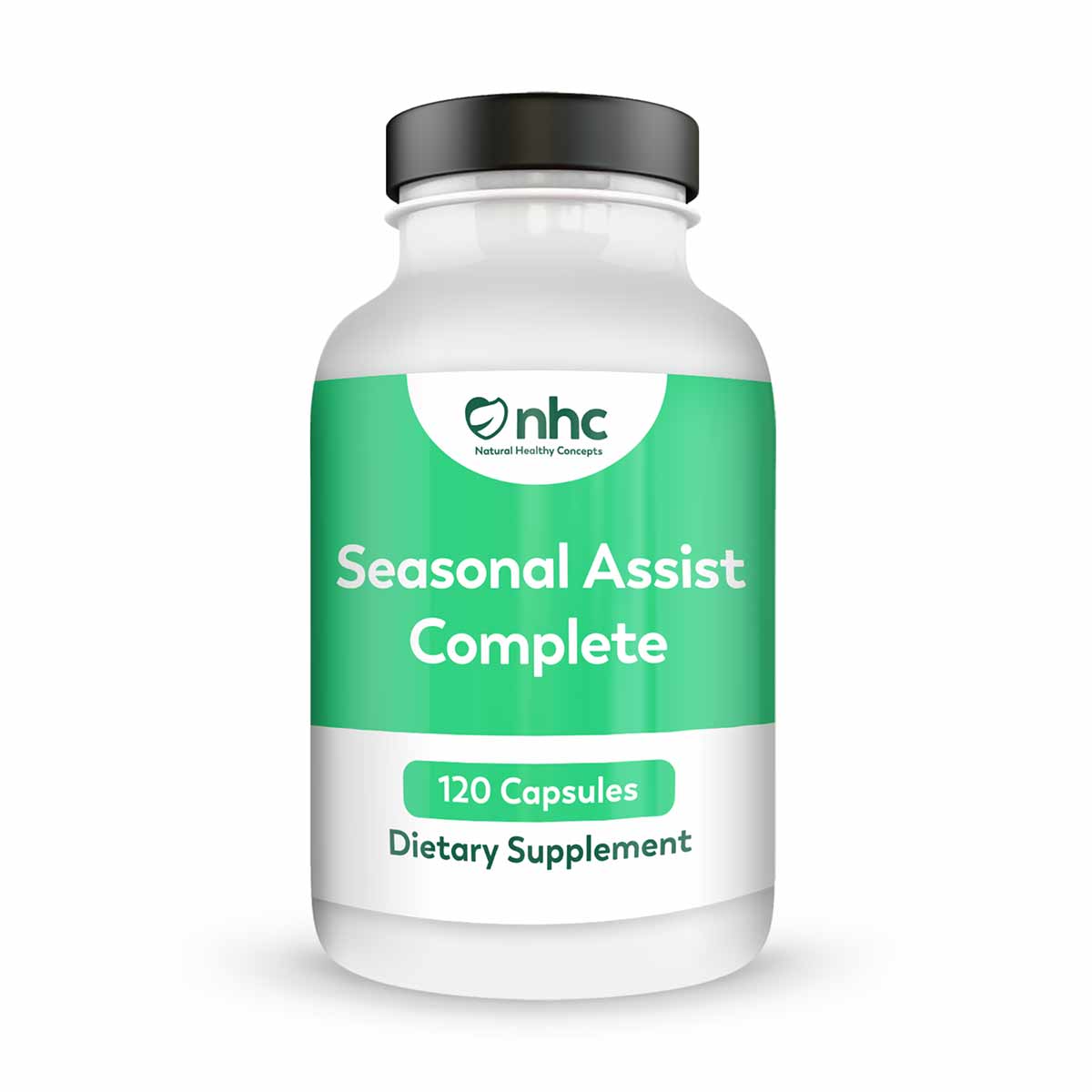 White bottle with green label containing 120 capsules of Seasonal Assist Complete dietary supplement by Natural Healthy Conce