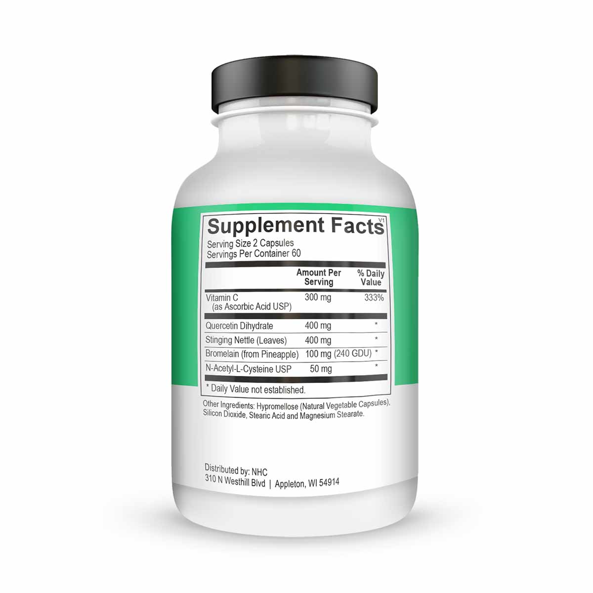 White supplement bottle with black cap and green label displaying Supplement Facts for Seasonal Assist Complete with ingredie
