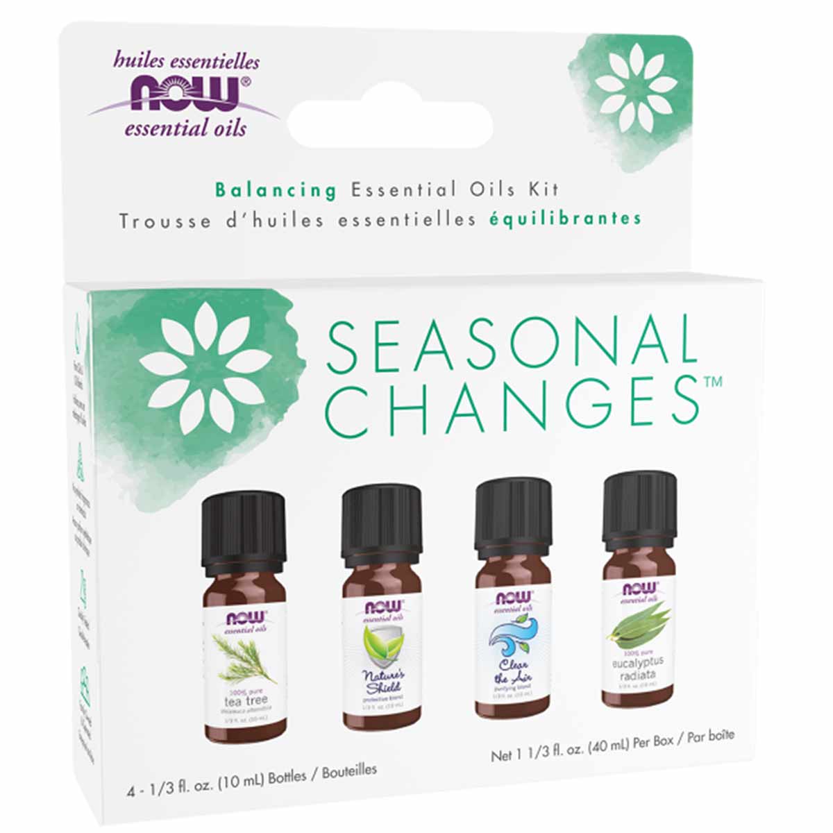 Four small brown essential oil bottles with black caps labeled tea tree, nature's shield, clear the air, and eucalyptus radia