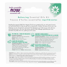 NOW Foods Balancing Essential Oils Kit with four bottles: Tea Tree Oil, Clear the Air Blend, Nature's Shield Blend, and Eucal
