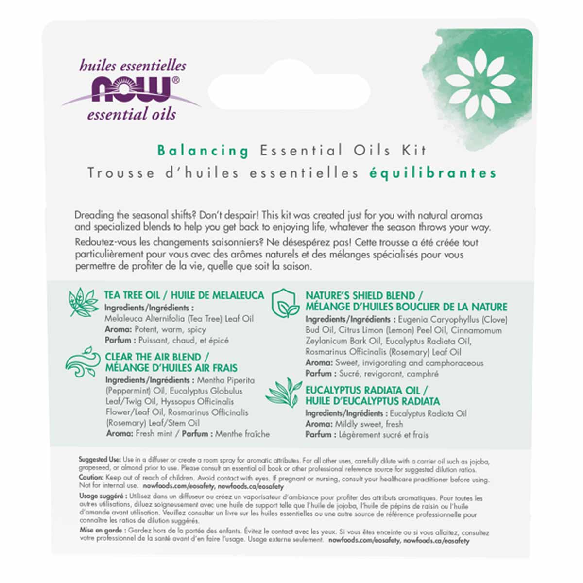 NOW Foods Balancing Essential Oils Kit with four bottles: Tea Tree Oil, Clear the Air Blend, Nature's Shield Blend, and Eucal